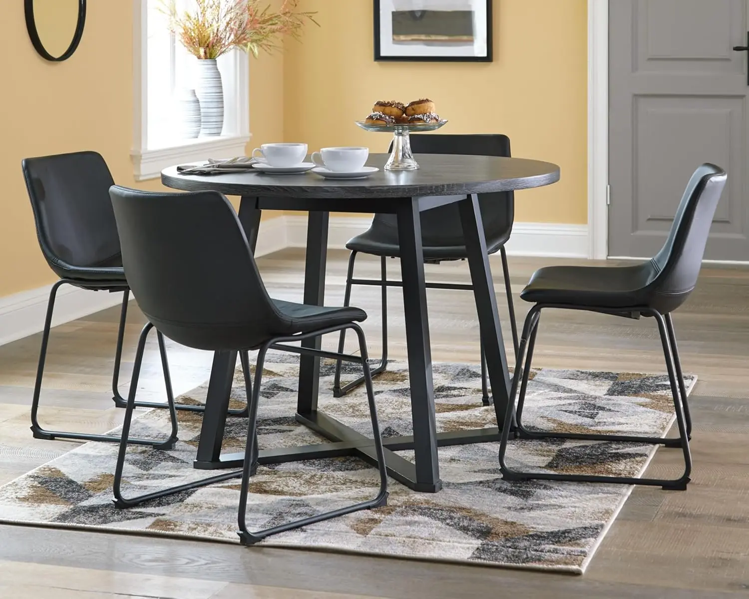 Signature Design  Mid Century Round Dining Room Table with Metal Legs, Gray & Black