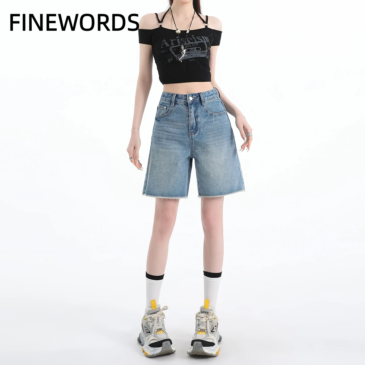FINEWORDS 2026 Summer Women Light Wash Denim Bermuda Shorts High Waist Straight Leg Raw Hem Jean Shorts Casual Streetwear Loose