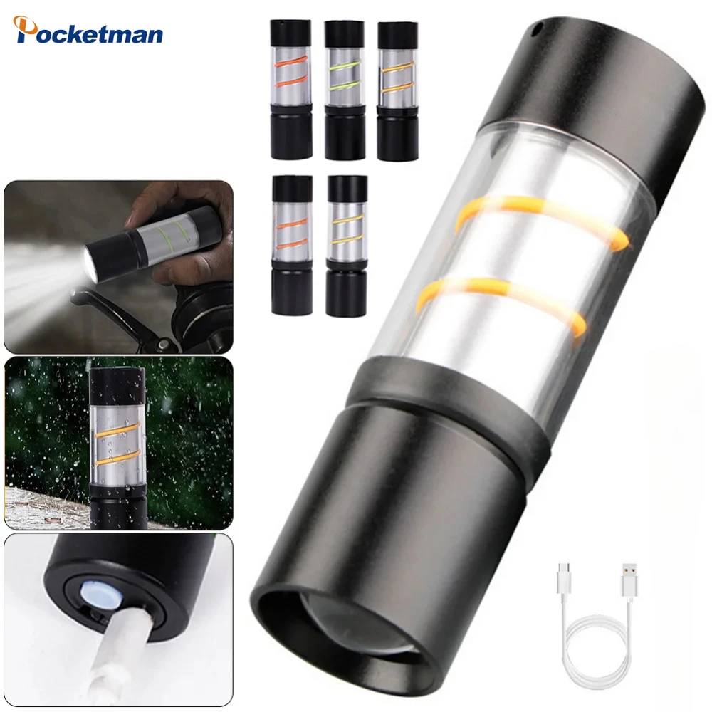 LED Pocket Flashlight USB Rechargeable Tungsten Lamp Portable Ambient Camping Lantern Coloured Light Household Lighting Handlamp