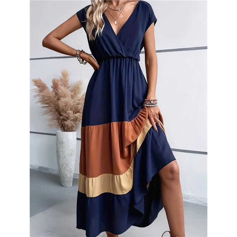 【SEE】Damen-Party-Farbblock-Kleid, hohe Taille, kurze Ärmel, Maxi-Kleid mit V-Ausschnitt, lässiges Kleid mit gerafftem Rüschensaum