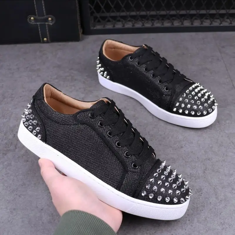 

mens casual punk hip hip dress spikes shoes lace-up flats rivets shoe black silver studded sneakers breathable stylish footwear