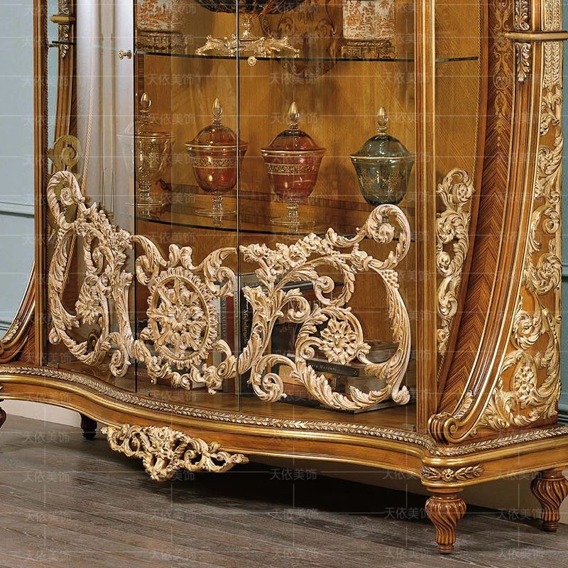 باب زجاجي أوروبي من الخشب الصلب المنحوت على شكل زهرة النبيذ القديم وخزانة حائط لغرفة المعيشة