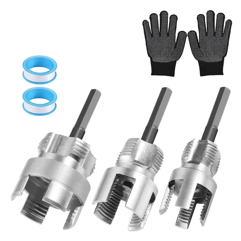 B97A-Sealing Tape& Gloves Included 3PCS Pipe Taping Threading Tool,Internal& External Threader For 1/2