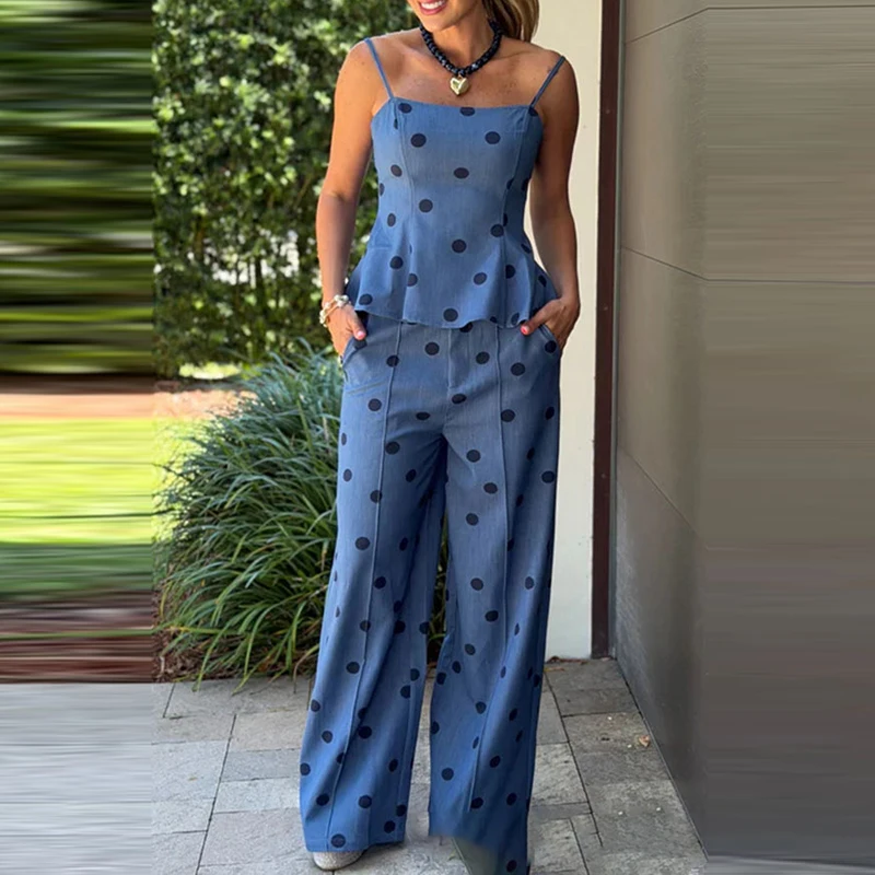 Elegant Off Shoulder Spaghetti Strap Top & Pant Suit Fashion Polka Dot Print Chic 2Pc Sets Sexy Sleeveless Pocket Women Outfits