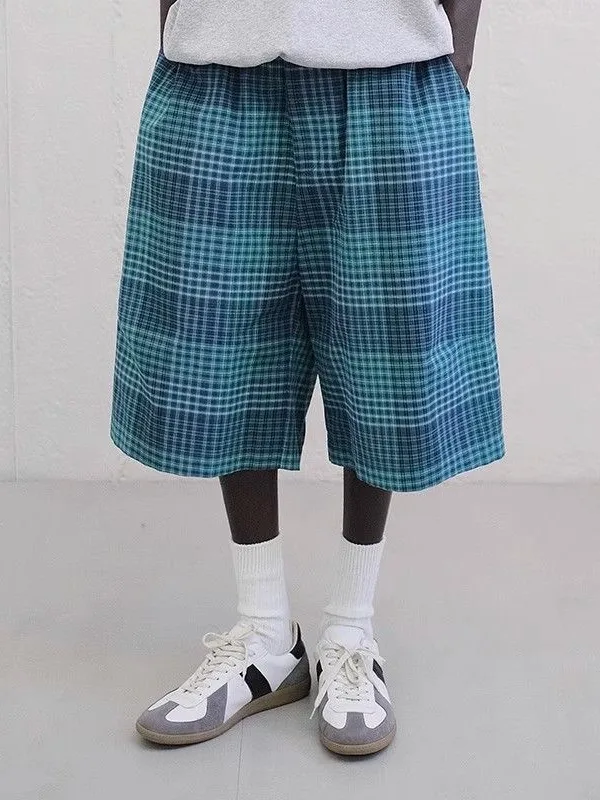 

Blue Plaid Five-Quarter Men's Loose Straight Leg Summer Casual orts Versatile Couple's Favorite Pants Street Sle