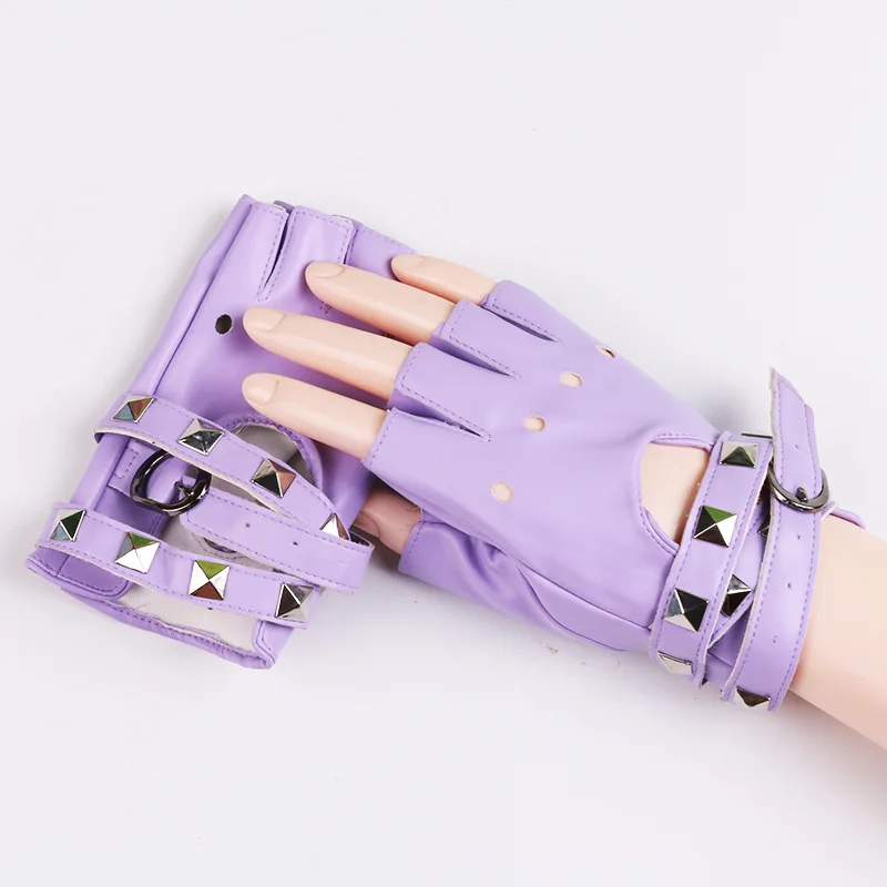 

Half Finger PU Leather Gloves Women Men Rock Punk Style Rivet Fingerless Gloves Mittens Hollow Bandage Party Show Gloves Black