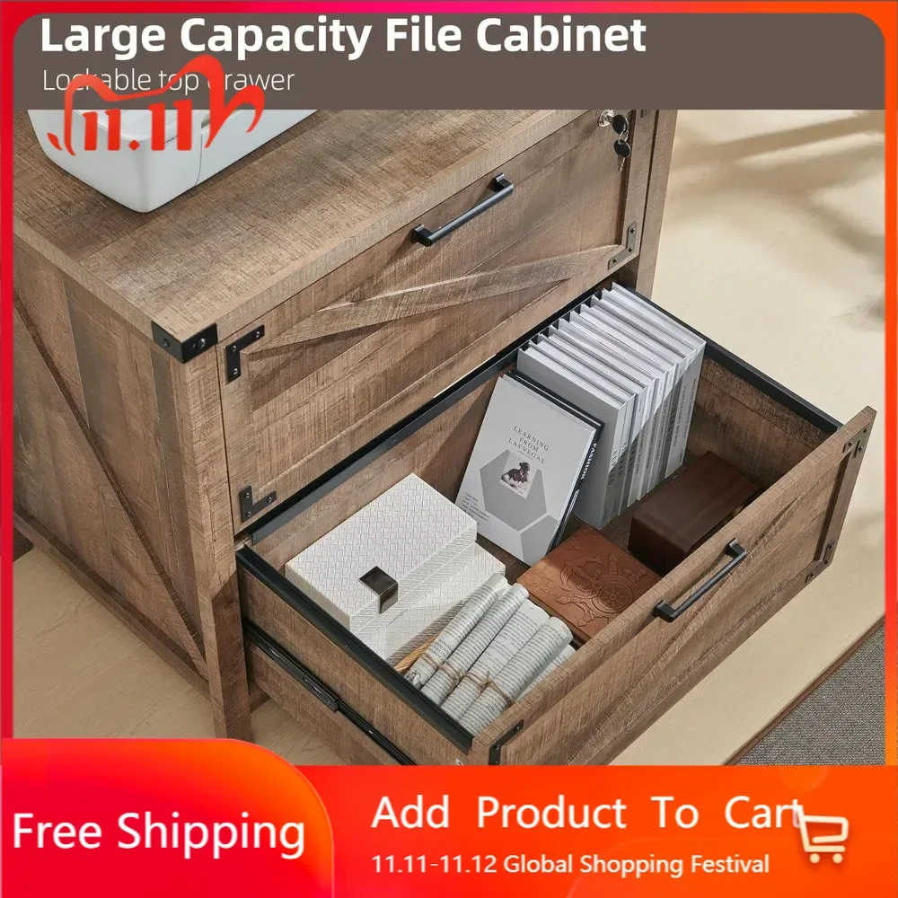 

Шкаф для документов с 2 ящиками в стиле фермерского дома, боковой шкаф для хранения с замком для домашнего офиса, совместим с форматами Legal, Letter, A4, F4, теплый бежевый цвет.