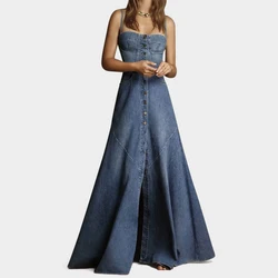 Elegant Denim Long Dress Women 2024 Summer New Casual Retro All-match Dresses Female Single Button A-line Split Hem Vestidos