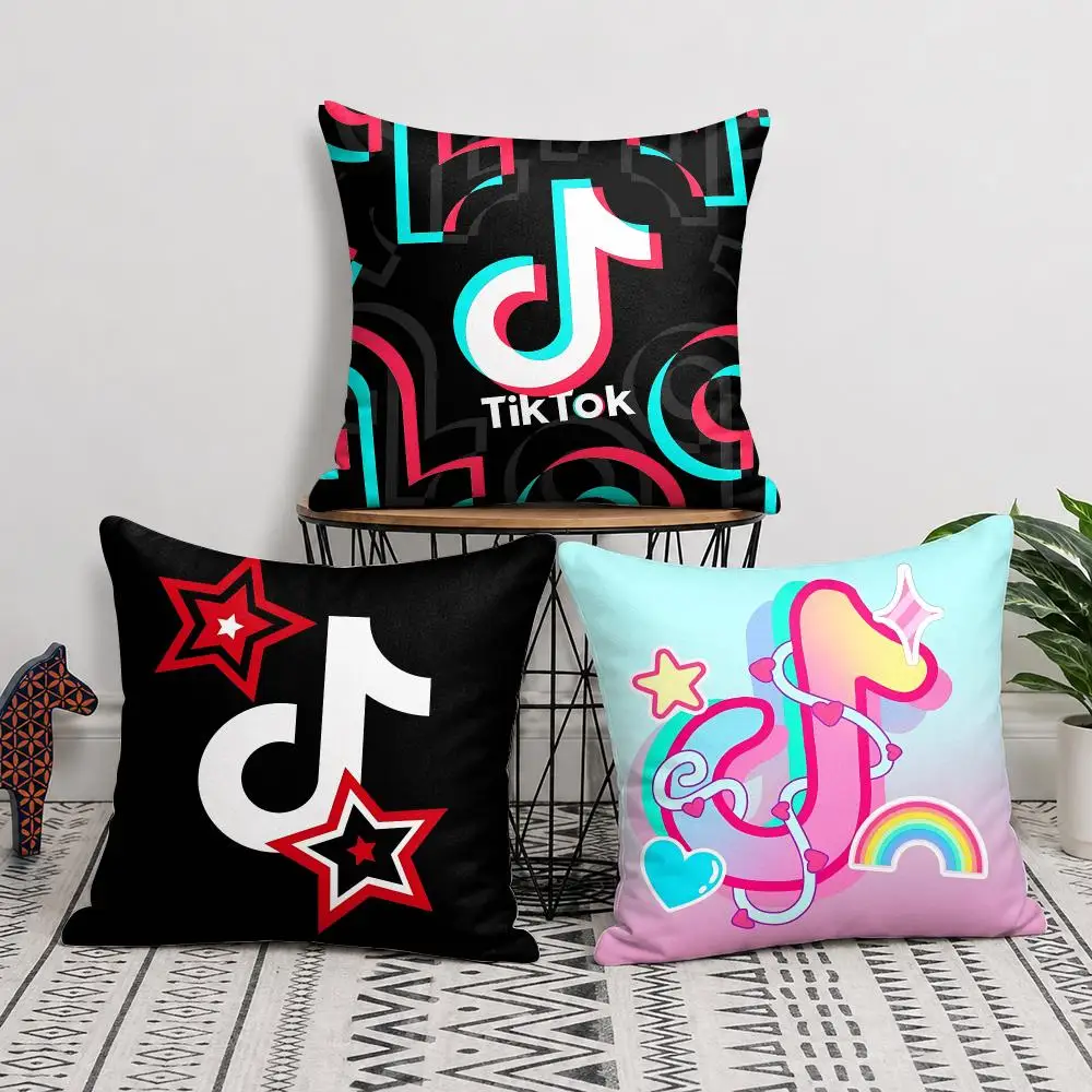 T-Tiktok LOGO COOL Cushion Cover Silky Short Plush Invisible Zipper Dustproof Sofa Pillow Case For Home Decor