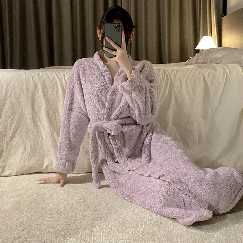 

Purple Bathrobe Princess Style Home Clothes Flannel Warm Nightgown Thick Coral Velvet Kimono Robe Long Homewear Thick Peignoir