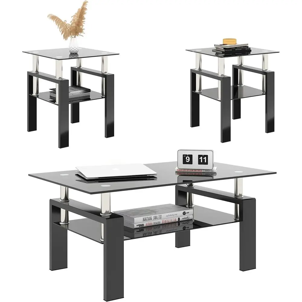 

Stylish Black Glass Coffee Table Set with Metal Legs and Tempered Glass Tops for Living Room