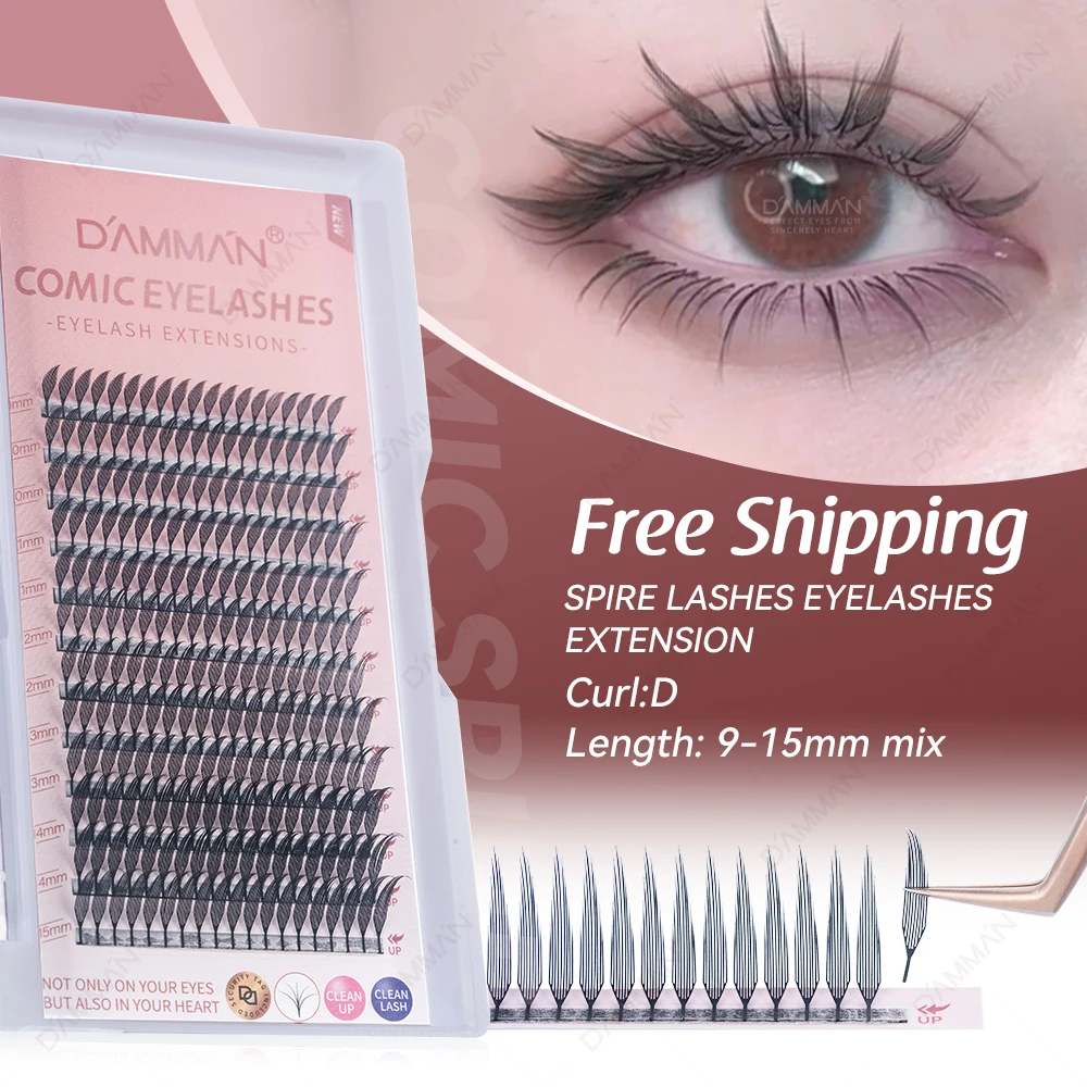 Damman 5 Scatole 12 Righe Comic Spire Ciglia Estensioni D Curl Natural Comic Spire Ciglia 9-15mm Misto Premade Fans Ciglia
