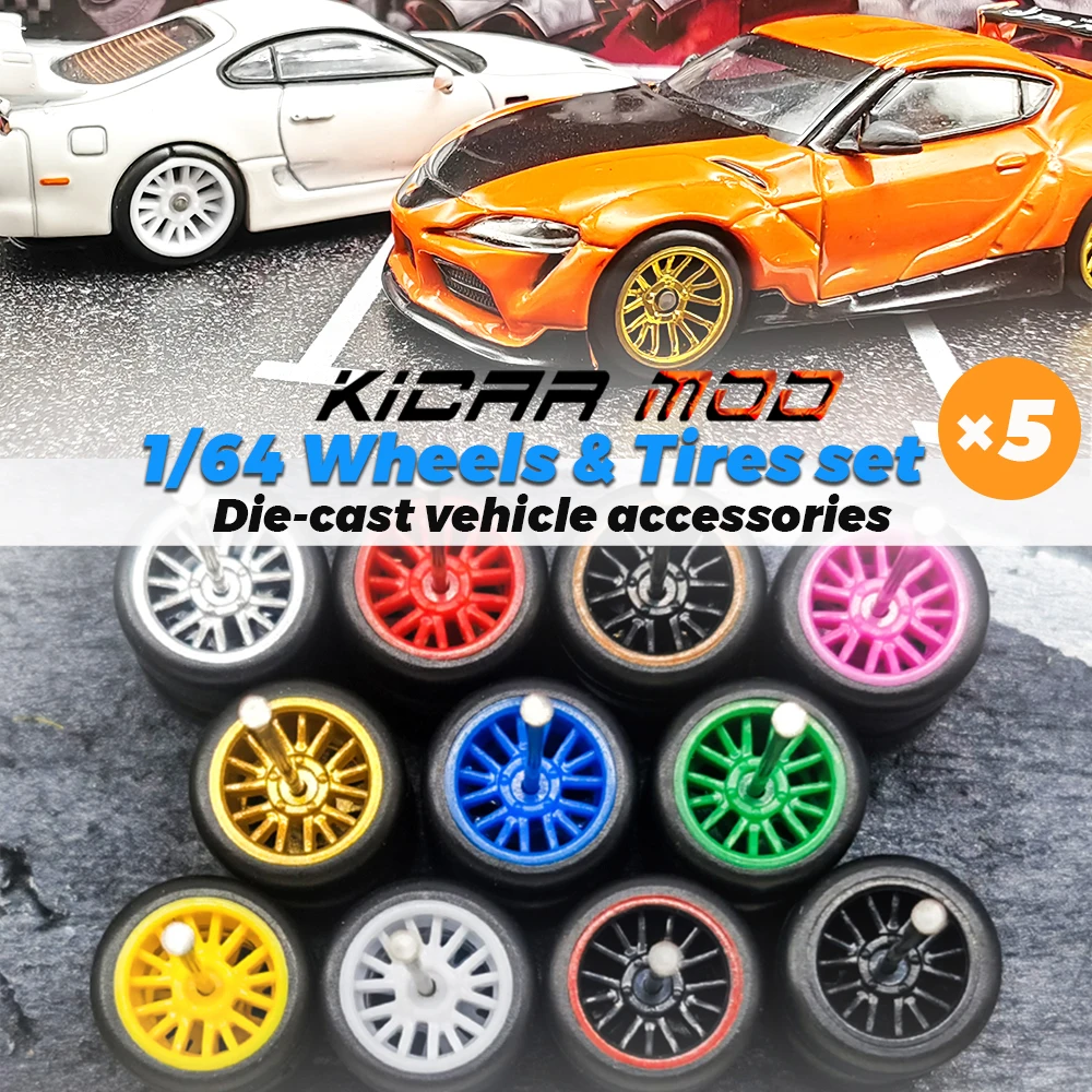 KicarMod 1/64 Wheels Rubber Tires Top Secret Gold for 5 Model Cars Colorful Toy Wheels for Hot Wheels Modified Hobby Parts