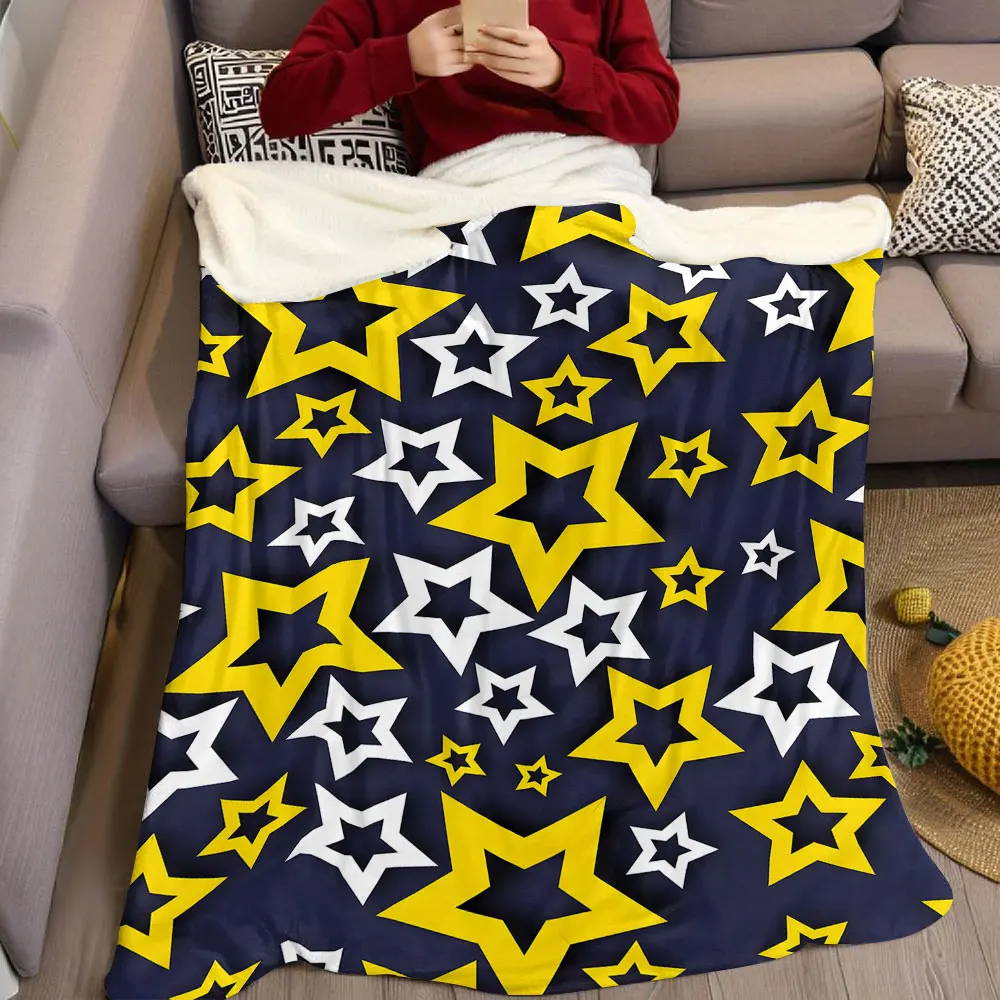 Yellow Layer Star Print Flannel Blanket Warm Soft Halloween Christmas Decorative Couch Warm Cozy All-Season Gift