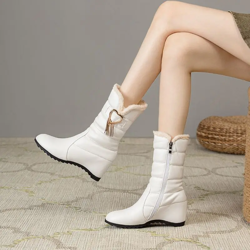ORCHA LISA Botas de nieve de invierno de felpa con cremallera de Metal cálido de felpa media pantorrilla Bota punta redonda cuñas aumentadas 5,5 cm de talla grande 40 41 42 43