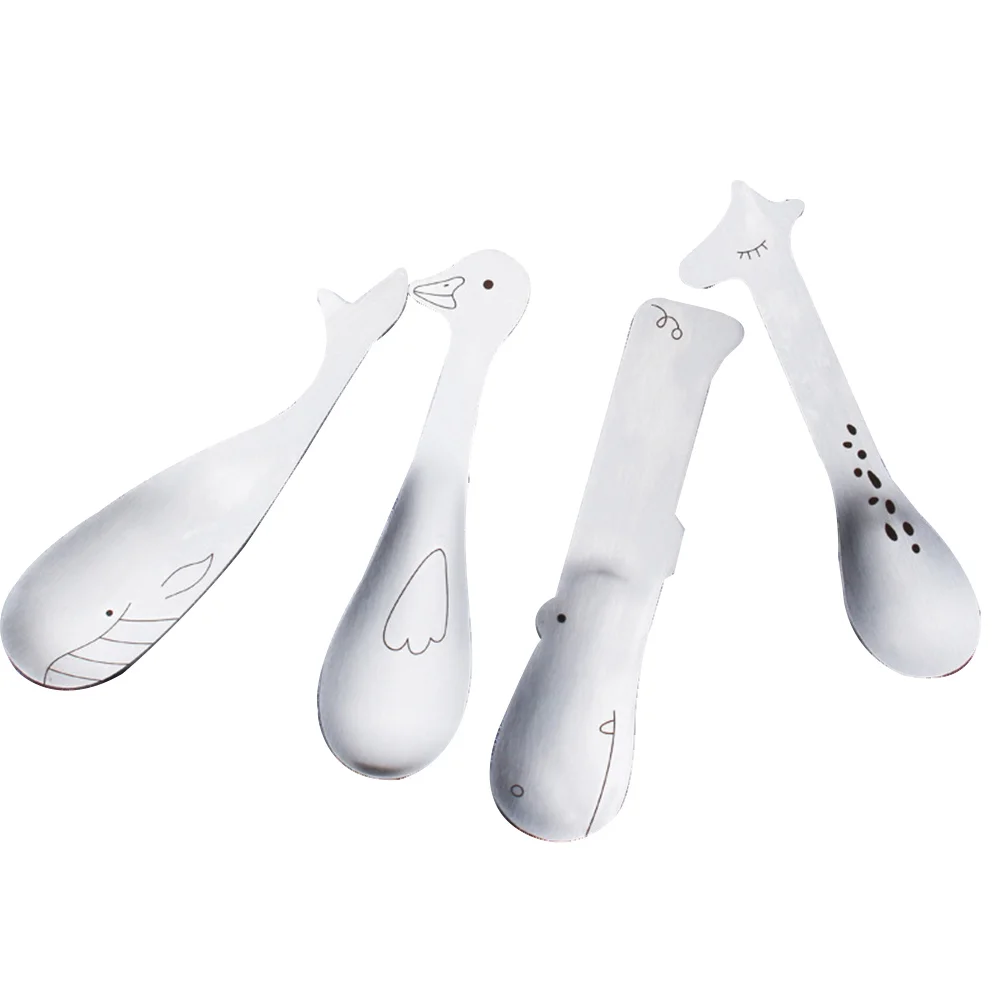 4 Pcs Creative Kids Flatware Children Tableware Cartoon Ice Cream Scoop Stirring Spoon Stainless Steel Drinks