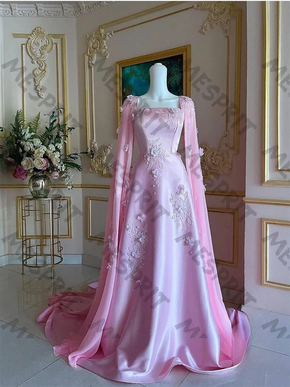 Customized Pink Square Neck Satin Evening Dresses Cloak Sleeves Three Dimensional Flower A-line Floor Pulling Banquet Gowns