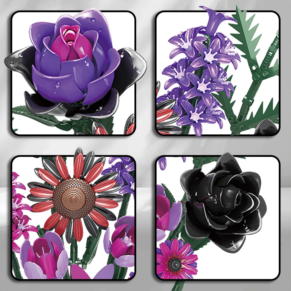 Buquê de flores góticas modelo blocos de construção multicolorido 614 peças tijolos de dia dos namorados crianças diy quebra-cabeça brinquedo aniversário presente de casamento