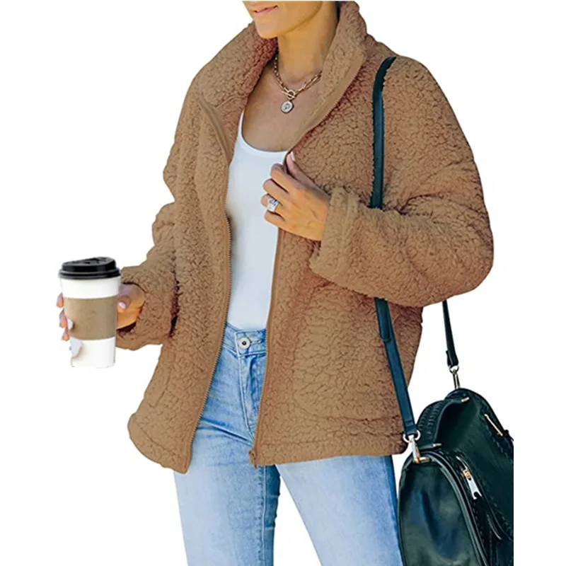 2023 Autumn and Winter Women's New Fashion Commuter Double Sided Plush Pocket Zipper Top Solid Color Comfortable Versatile Coat