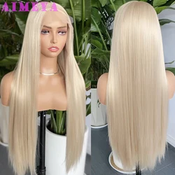 AIMEYA-Perruque Lace Front Wig synthétique pour femme, cheveux longs et lisses, couleur blond clair, 13x6, sans raie, 03 utilisation