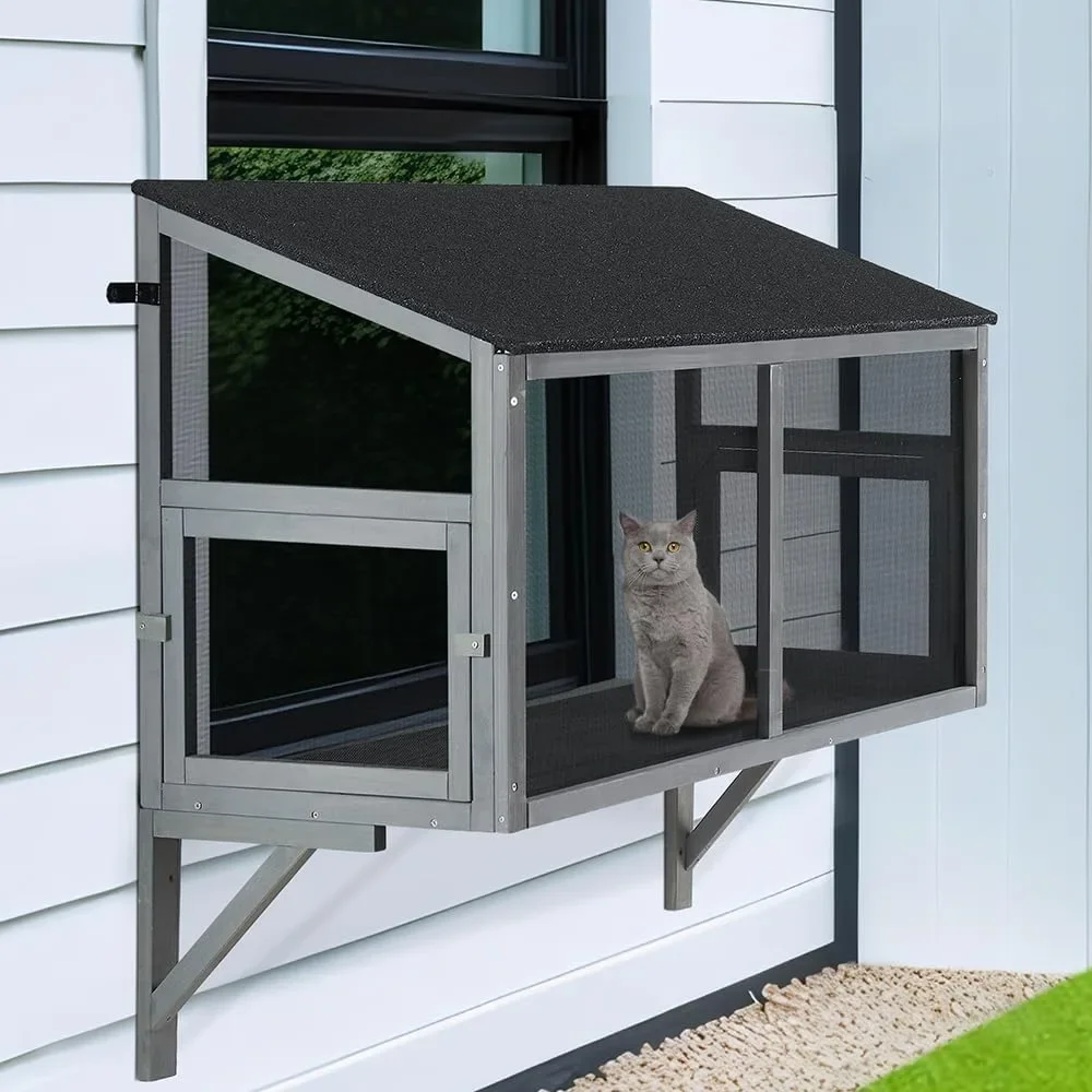

bug proof cat catio, window cat house with metal mesh, outdoor enclosure for indoor pets, expandable wooden perch, safe comfort