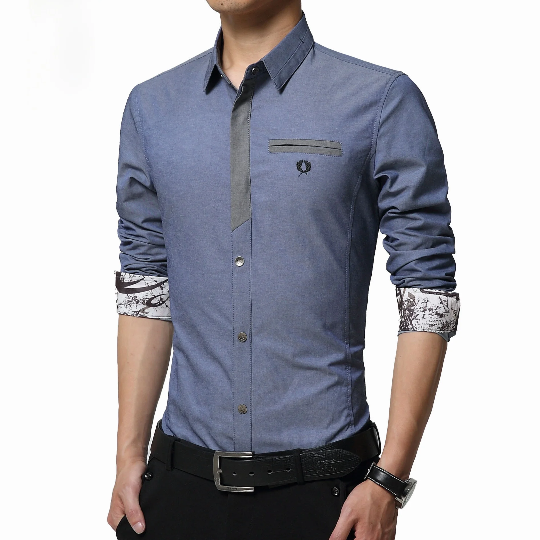 

New Men's Long Sleeve Shirt Slim Fit Korean Style Fake Denim Direct Sale Workwear Pure Color Casual Travel Shirt