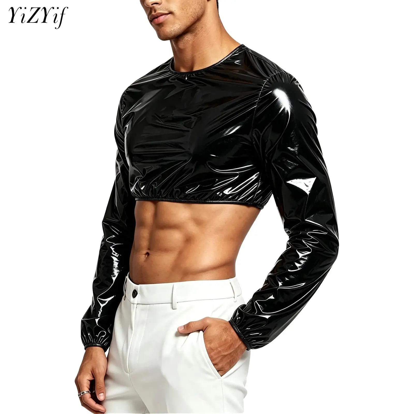 Mens Waterproof Glossy Crop Top Rave Clubwear Crew Neck Long Sleeve Back Zipper T-shirt Crop Sweat Tops Disco Party Streetwear