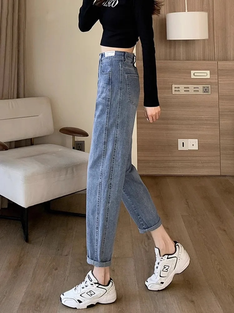 

High Waist Cone Shaped Denim Jeans Women's Spring Autumn Straight Leg Loose Harlan Dad Pants Trendy Cotton Stretch Denim