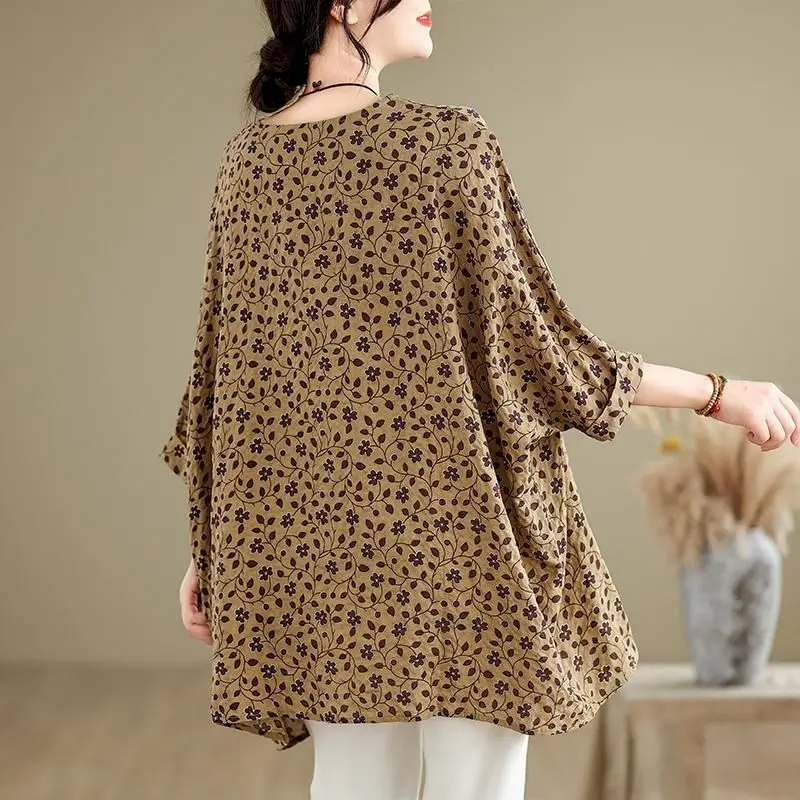 Cotton Linen T Shirts Women Fashion Temperament Print Pullover T-shirt Casual Loose Half Sleeve Oversized Tops Summer Trend Thin