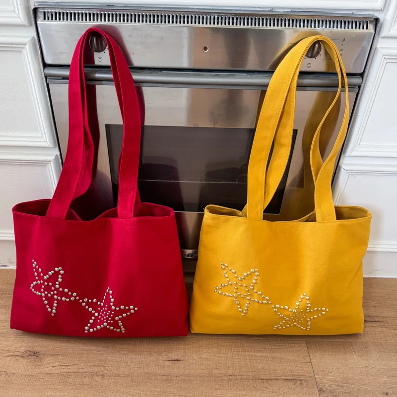 

2025 Hot! Women's Preppy Korean Canvas Tote - Rivet Star Detail, Stylish Handbag & Shoulder Bag, New Daily School Bag