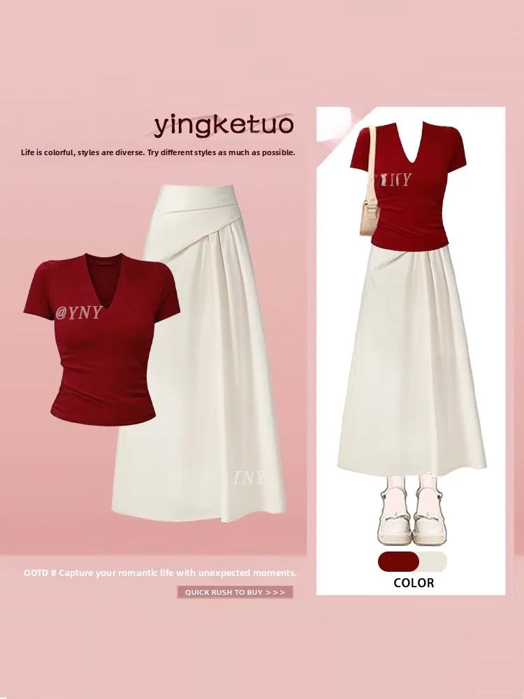 

Summer Fashion Women's T-Shirt Short Sleeve V-Neck Tight Fit High Waist Pleated Skirt Two-Piece Set Casual Comfortable