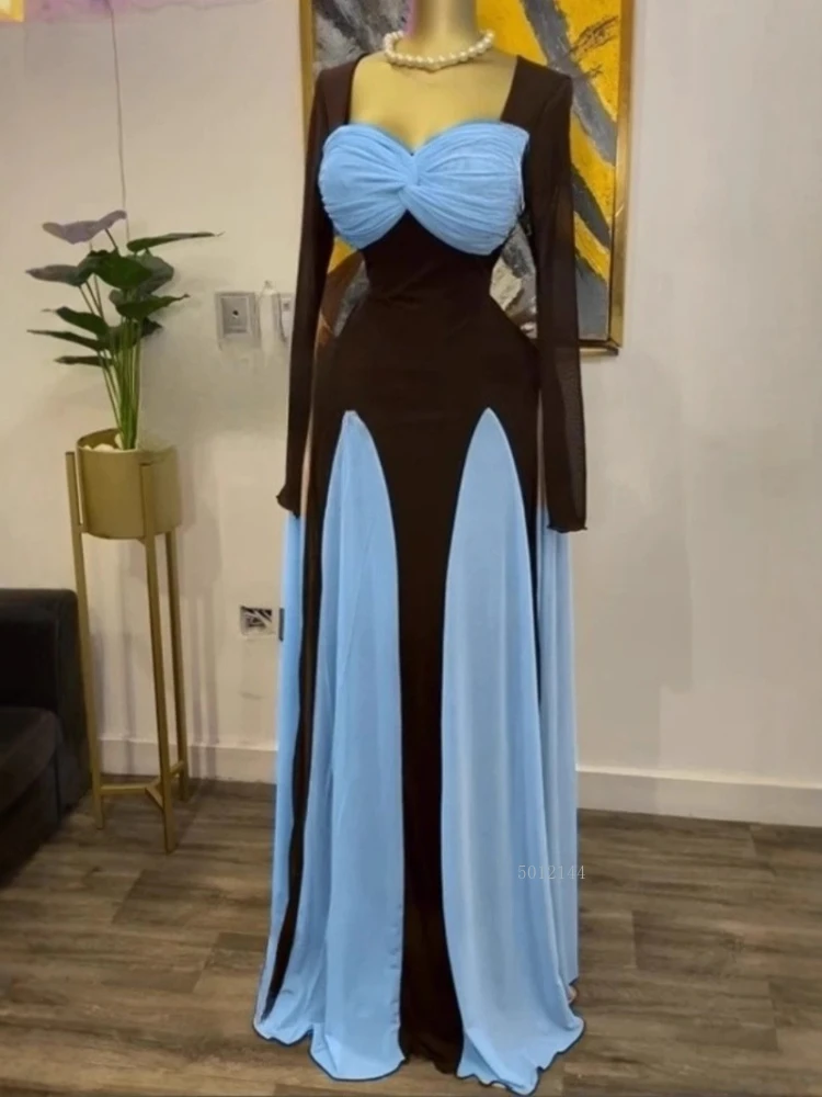 

Women Long Sleeve Draped Front Midi A-line Patchwork Maxi Long Dress 2025 Vacation Holiday Party Birthday Dresses