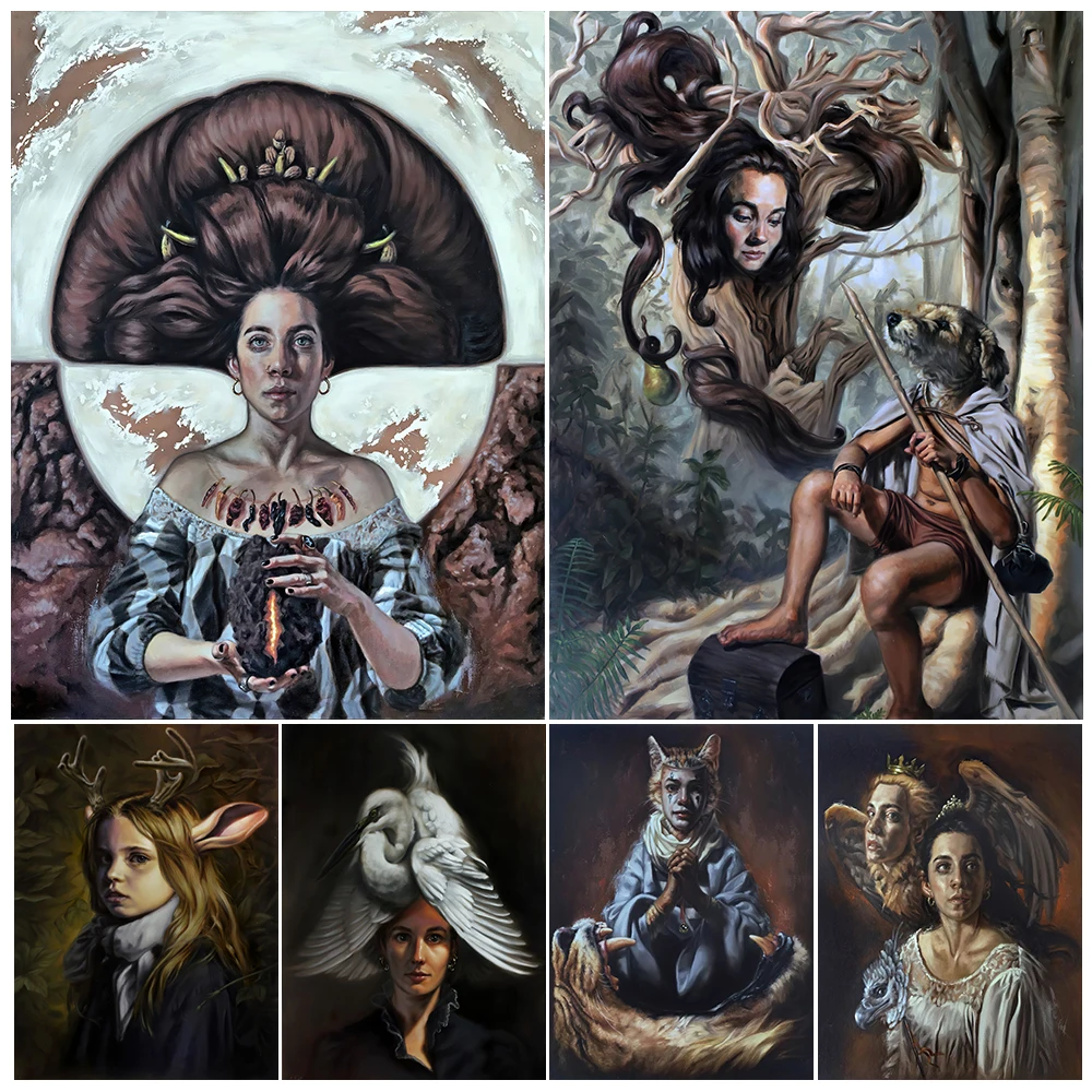 

Mysterious Animal Surreal Fantasy Art Poster And Print The Antler Girl,Lady White Cat Wall Art Canvas Painting Home Decoration