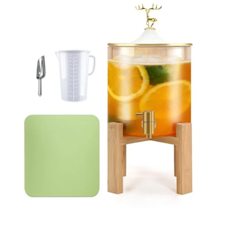 

Glass Beverage Dispenser with Spigot - Large Capacity with Ice Scoop Measuring Cup and Waterproof Mat for Parties Catering Juic