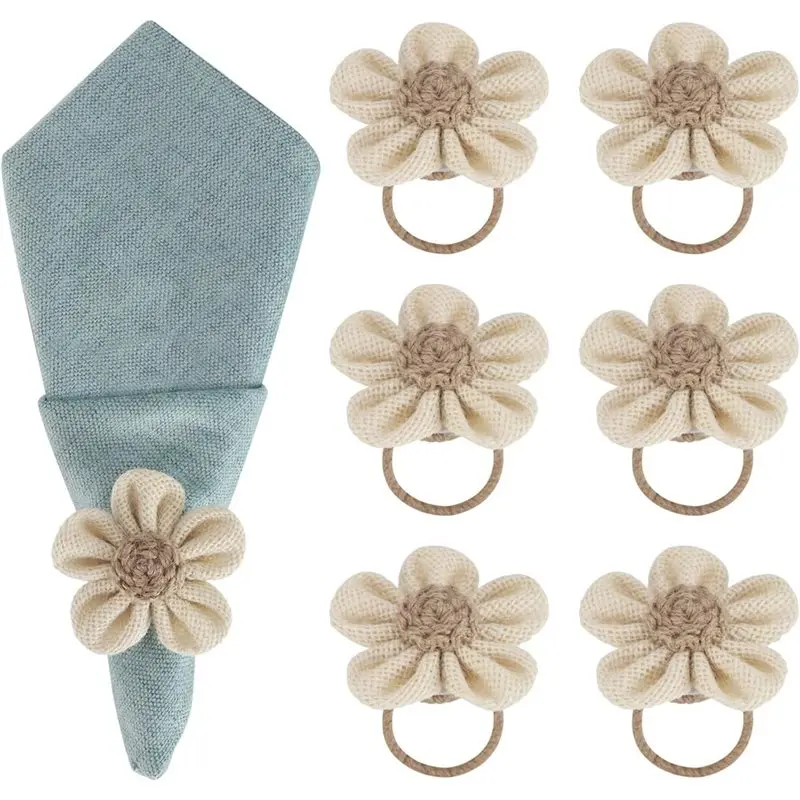 ABMR-Napkin Rings Set Of 6 Handmade Rustic Napkin Rings Reusable Boho Napkin Ring For Elegant Dining Table Decoration Beige