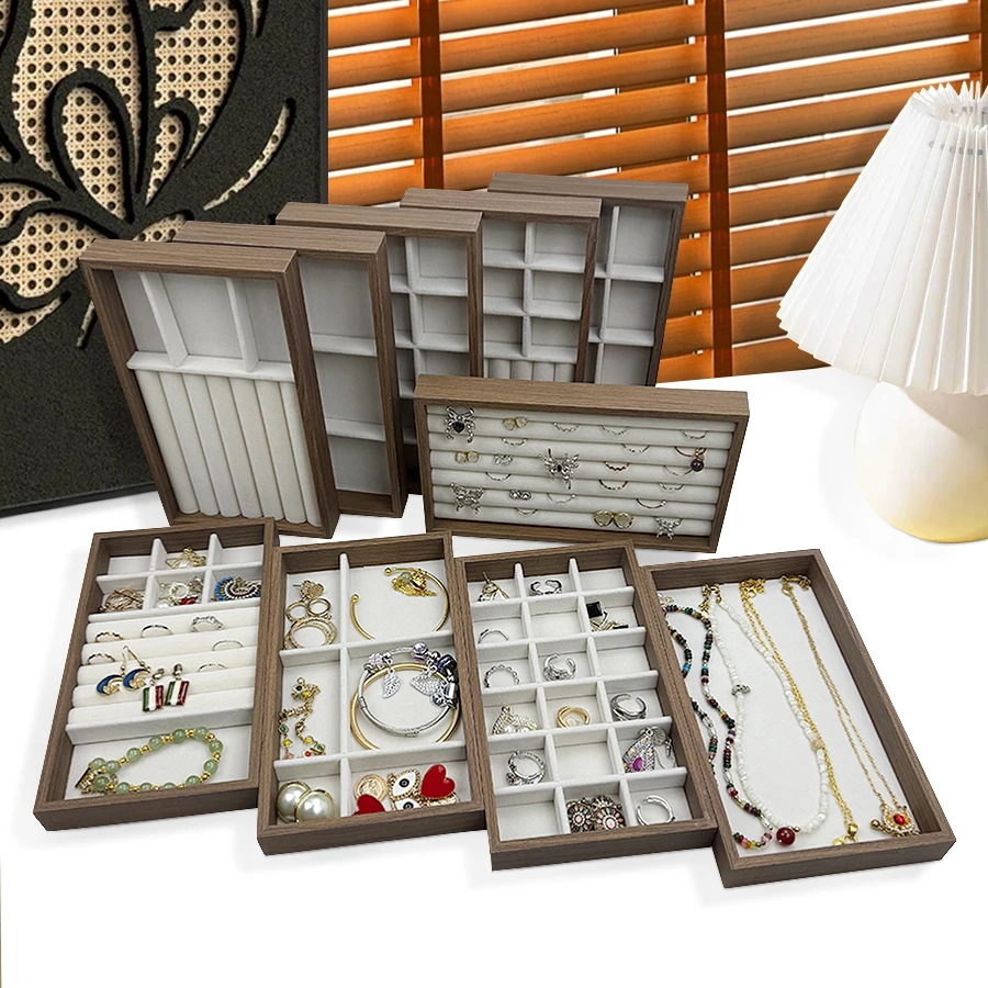 قطعة واحدة، صندوق مجوهرات بنمط خشب الجوز، صينية مجوهرات، مناسبة لتخزين القلائد والخواتم والأقراط والأذن. اللون: بيج