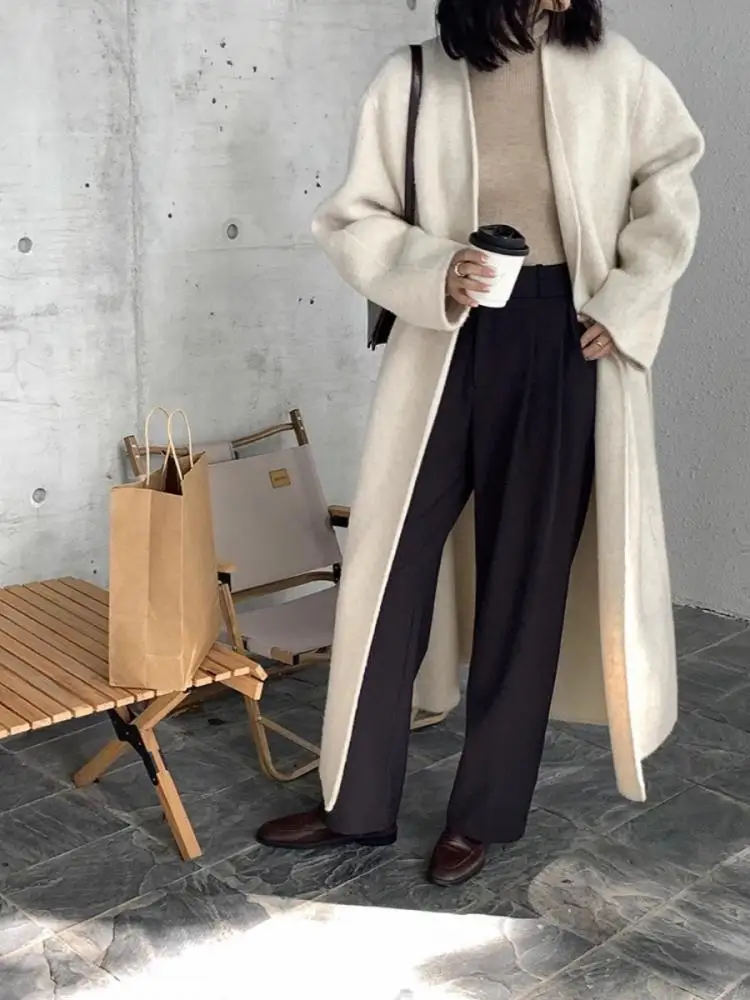 Office Lady Woolen Alpaca Long Jackets 2024 Autumn And Winter V Collar Bathrobe Style Lace Up Tie Women\'s X-Long Wool Coat