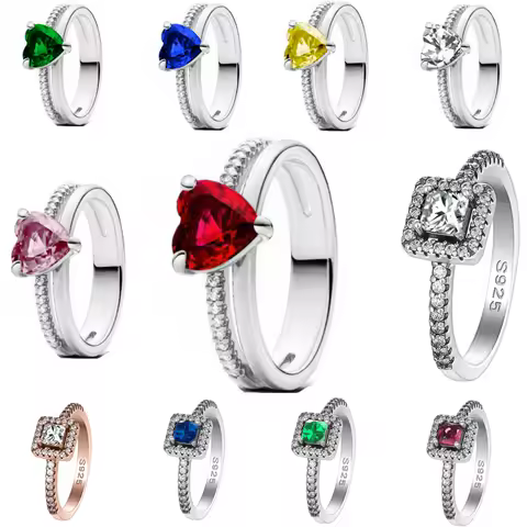 2025 European New 925 Silver Red, Green,Blue Heart shaped, Square Ring Suitable for Women's Exquisite Jewelry at Wedding Parties