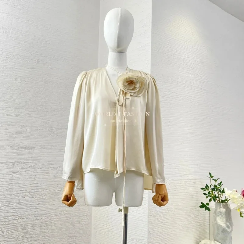 

2025 High Quality Vintage Elegant Champagne Long Sleeve Three Dimensional Flower Decoration Blouse Tops for Women