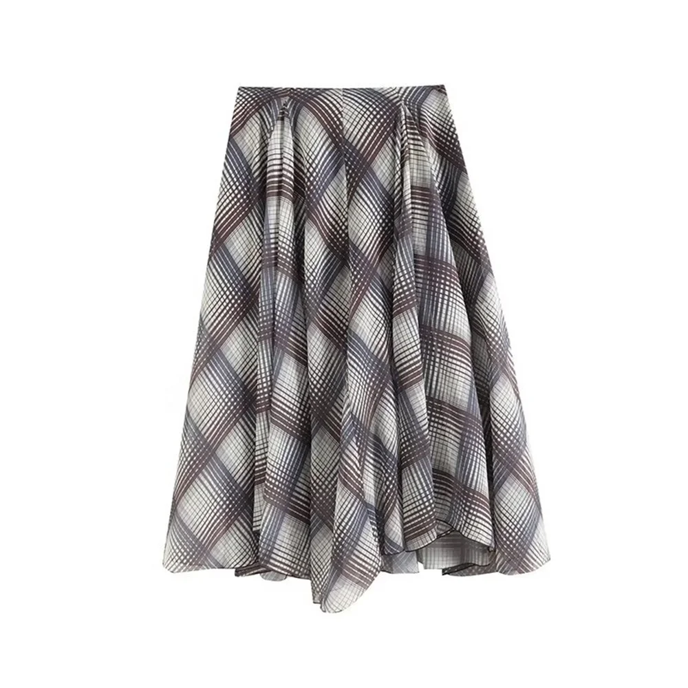 PB&ZA2024 Autumn New Product Fashionable and Casual Women's Clothing plaid Printed Floating Horn Half length Skirt