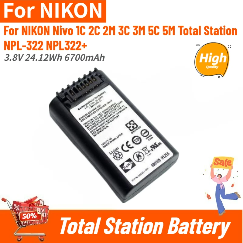 3.8V 24.12Wh 6700mAh High Quality Total Station Battery for NIKON Nivo 1C 2C 3C 5C 2M 3M 5M NPL-322 NPL322+ Brand New