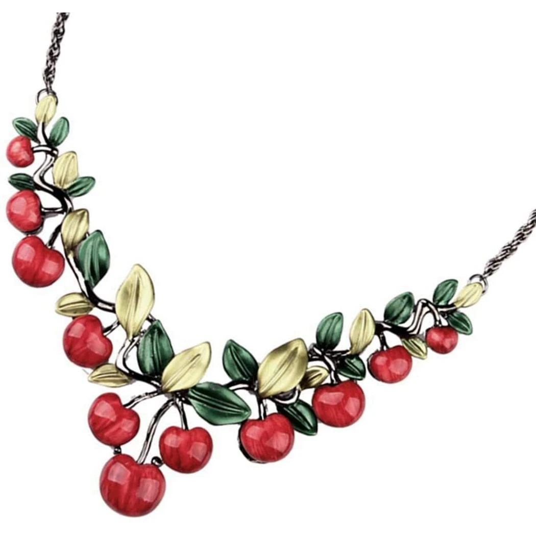 Retro Chain Necklace Cherry Pendant Necklace Charm Necklace With Stud Earrings Women Fashion Retro Jewelry Cherry Necklace Set