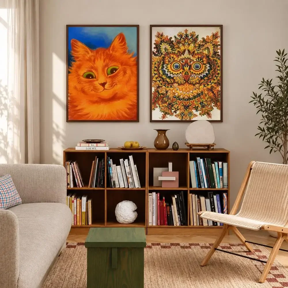 Whimsical Vintage Cat Art Louis Wain Ginger Kaleidoscope Cat Poster Self‑Adhesive Waterproof Poster Sticker Wall Art Home Decor