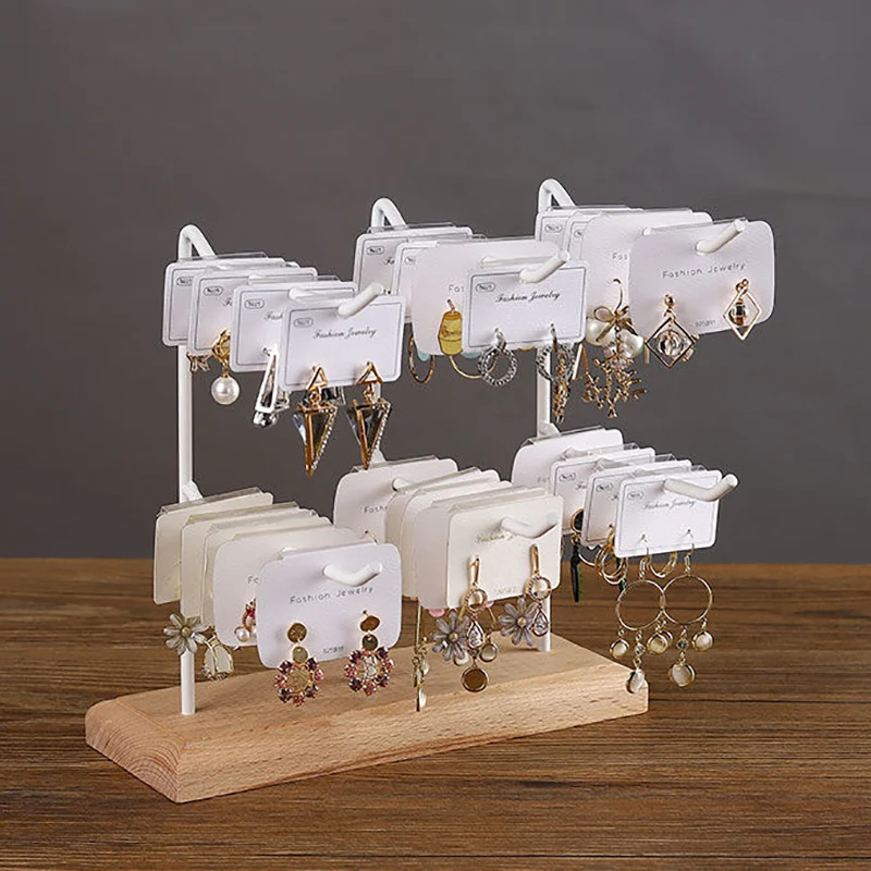 Earrings Jewelry Display Stand Wooden Base Steel Organizer Necklace Ring Jewelry Storage Rack Hook Up Holder Boxes Store Decor