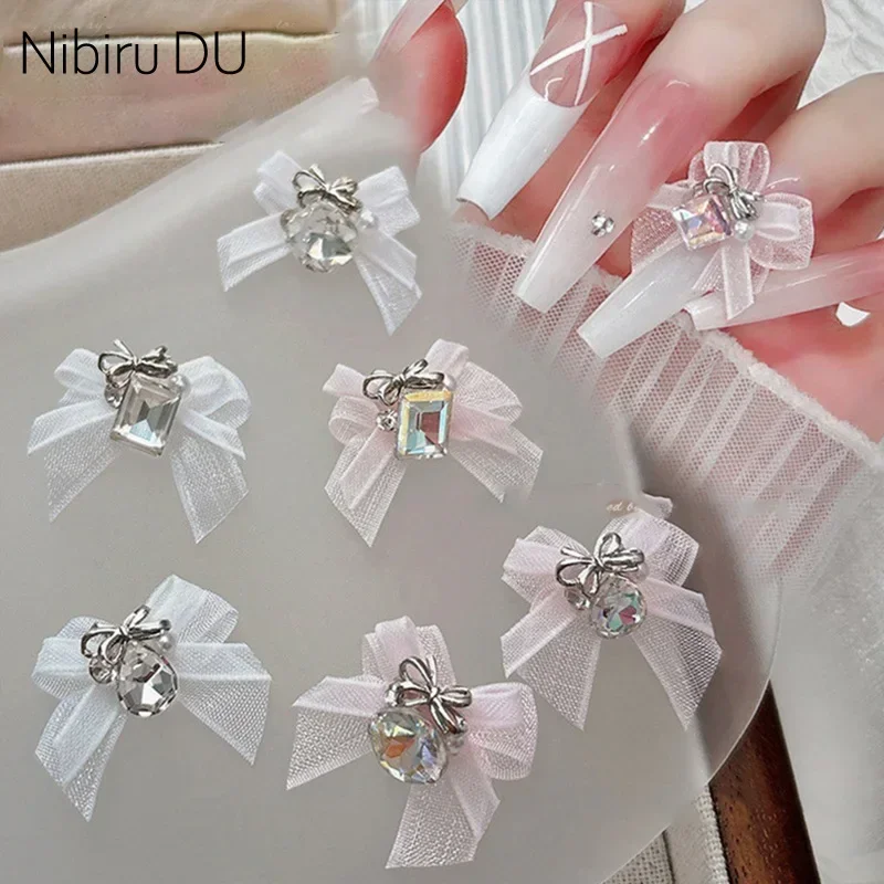 5PCS 3D Organza Bow Nail Art Rhinestones Accessories White Pink Bow Square Waterdrop Diamond Nail Art Decoration Manicure Charms