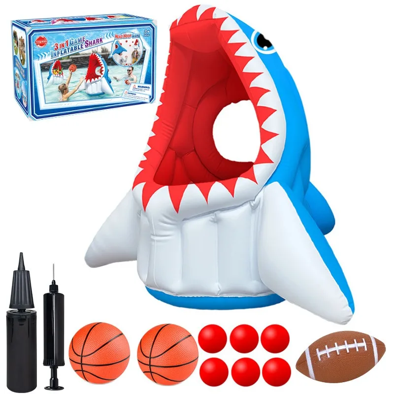1 Satz aufblasbarer Schwimmbad-Basketball-Haifisch-Rng-Wurfspiel-Set, Wasserspielspielzeug für Erwachsene, Schwimmbadpartys und Versammlungen