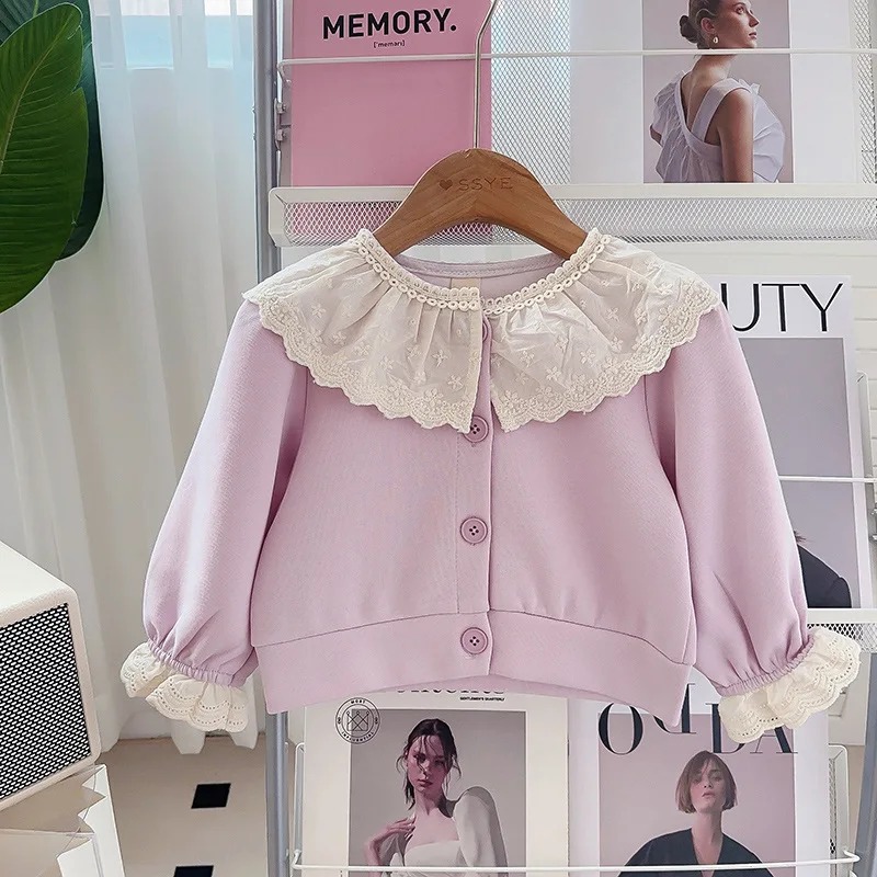 Childrens Sets New Children Korean Two Pieces Spring Girl Causal Time Easy Sweater Motion Flower Edge 2024 Solid Simple