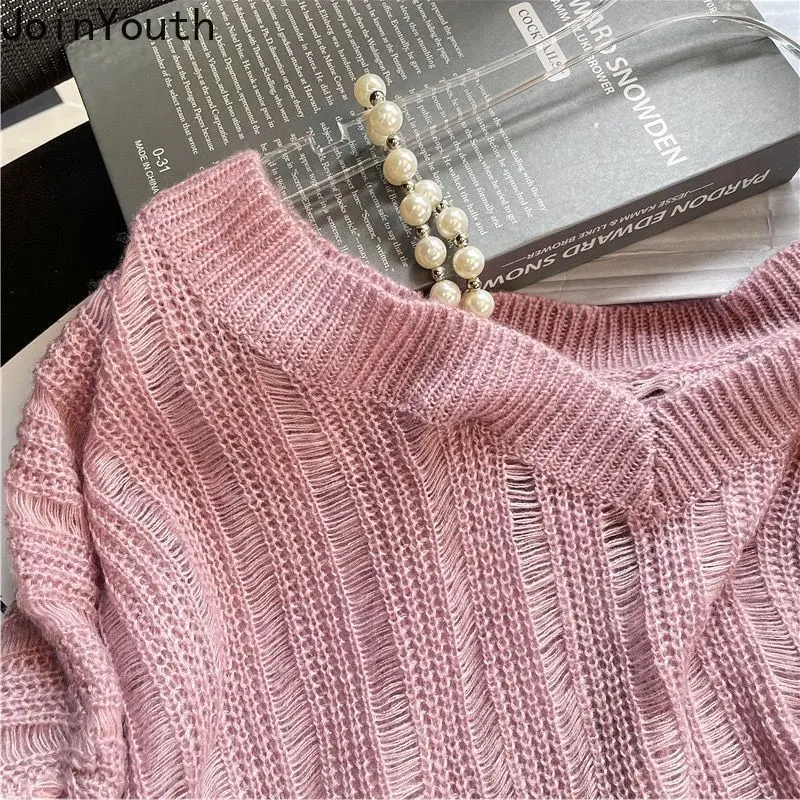 2024 Women Clothing Knit Sweater Off Shoulder Fashion Jumper Pull Femme See Through Thin Casual Pullovers Y2k Tops Sueter Mujer