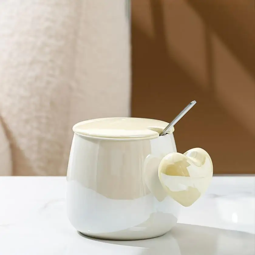 400ml Ceramic Mug with Love Handle Lid Spoon Women Splicing Color Design Pearl Glazed Style Coffee Mugs Creative Gift for Girls