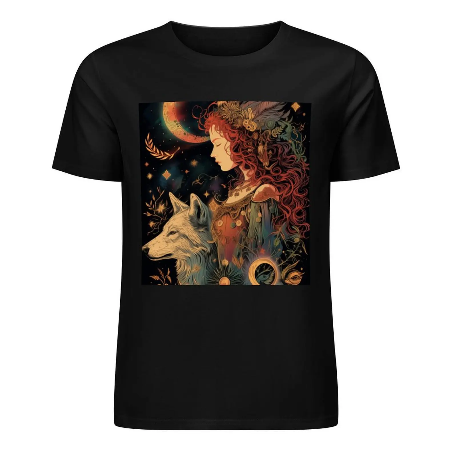 

Mystical Woman and Majestic Wolf Art Fantasy Surrealism T-Shirt graphic t shirt vintage cheap stuff blacks mens t shirt